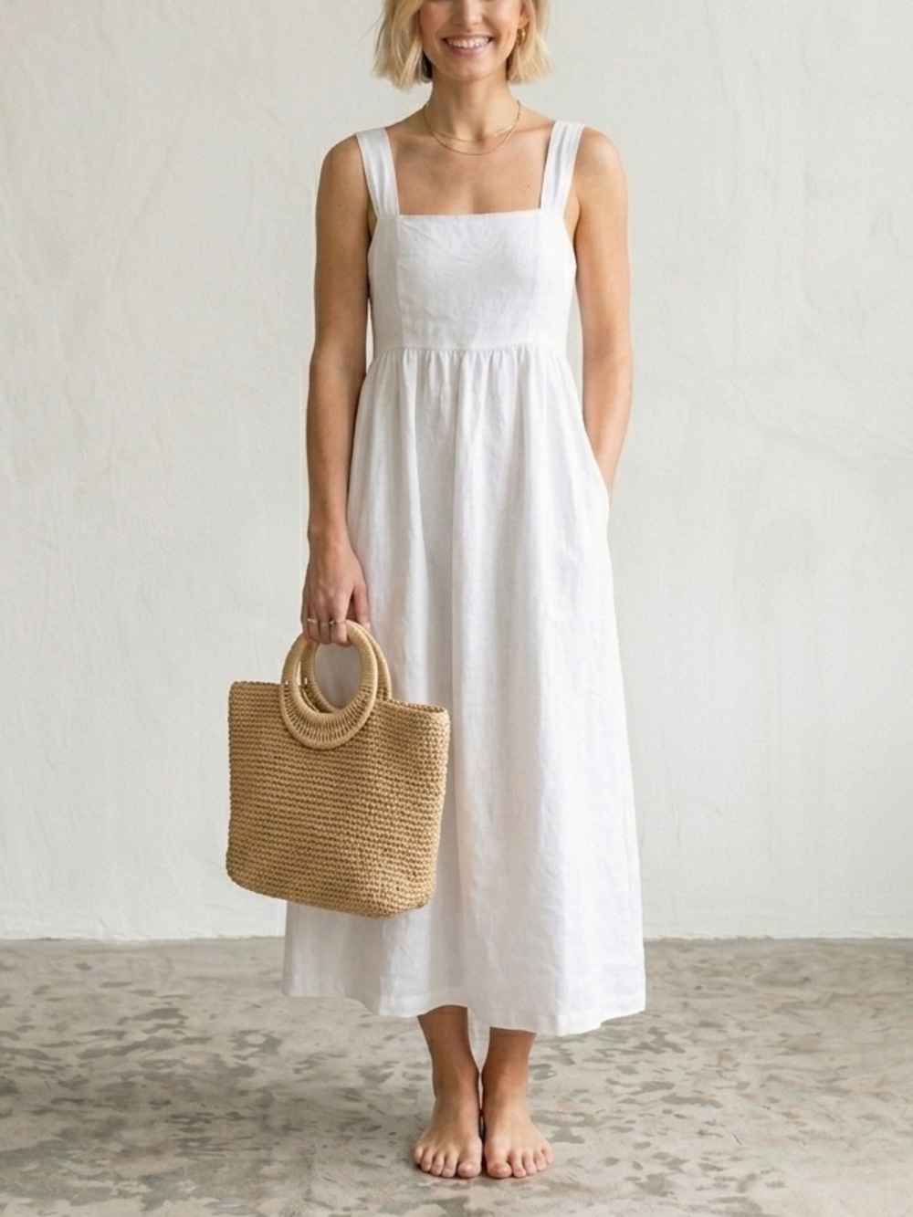 J.Crew White Squareneck 100% Linen Midi Dress